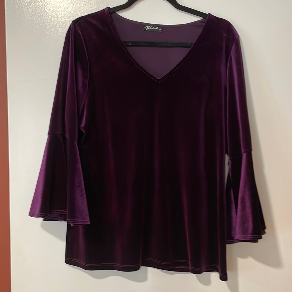Purple v neck velour tunic. Bell sleeves.